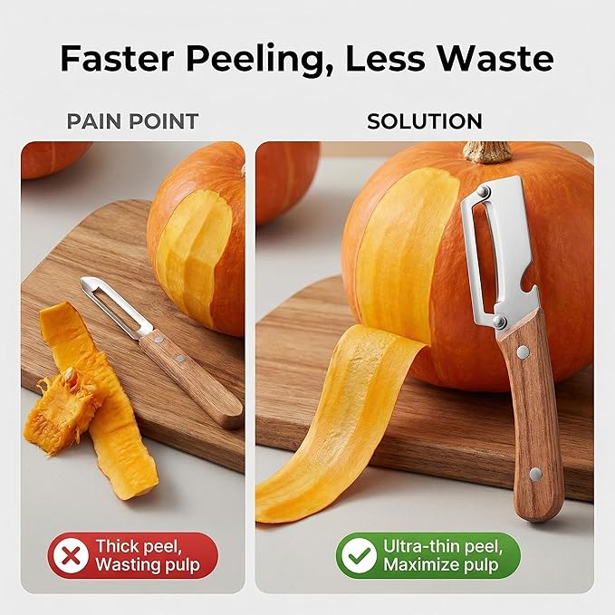 Multifunctional Premium Vegetable Peeler with Wooden Handle, Stainless Steel Blade & Bottle Opener, Non-Slip Kitchen Tool for Fruit, Apple, Potato, Pumpkin, Papaya, Zucchini (2pcs)