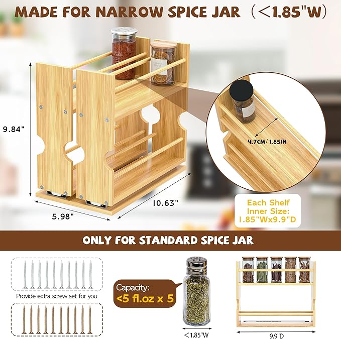 Jolitac Bamboo Pull Out Spice Rack for Cabinet, Slide Out Drawers, Space-Saving Seasoning Kitchen Pantry Sliding Vertical Organization, Easy to Install, 6" Wide, 2 Drawers(1.85" Wide), 2-Tier