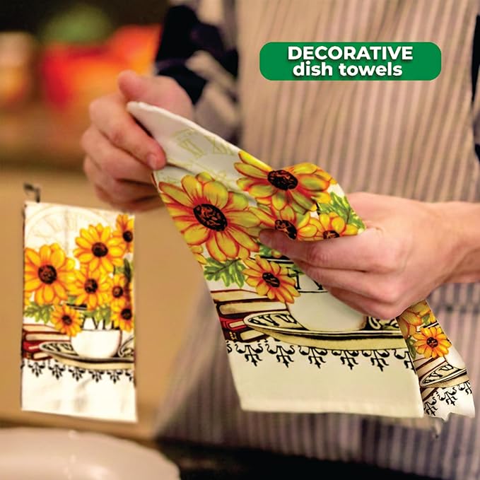 Lobyn Value Packs: Bright Sunflower5 Piece Kitchen Towel Set with 2 Decorative Dish Towels (25 X15), 1 Oven Mitt (11 X 7) and 2 Potholders (6.5 X 6.5)