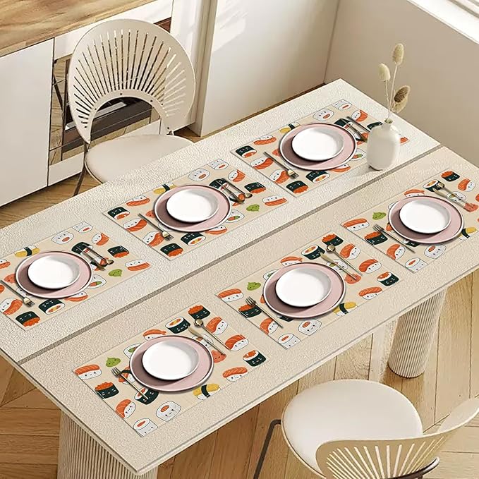 Cute Japanese Sushi Placemats Set of 6, Washable Heat Resistant Table Mat Linen Place Mats for Party Kitchen Dining Home Decor 12x18 Inch