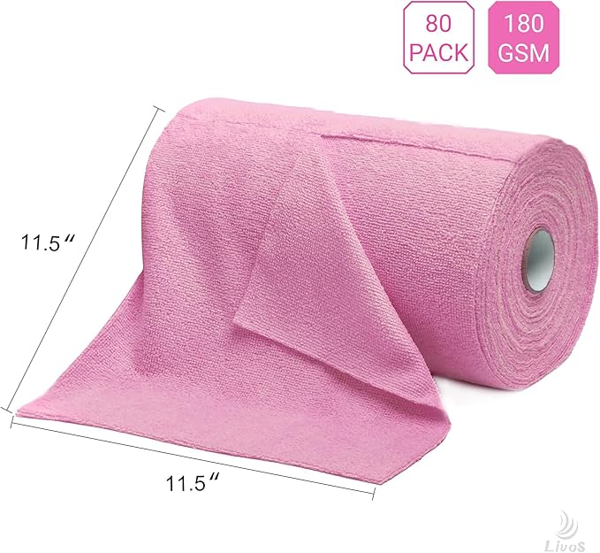 LIVOS Microfiber Cleaning Cloth Roll - 80 Pack, Reusable Paper Towels Pink Tear Away, Microfiber Towels for Cars, Super Absorbent Lint Free Cleaning Rags for House, Kitchen, Window-11.5"x11.5"