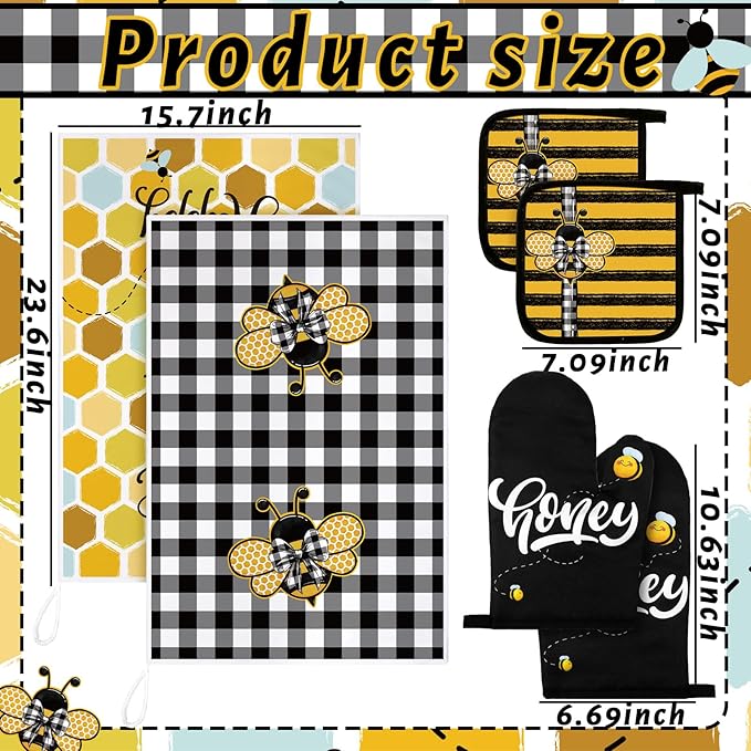 Leinuosen 6 Bee Kitchen Towels Kitchen Decor and Accessories Set Floral Plant Oven Mitts and Pot Holders Sets Farmhouse Absorbent Dish Towels for Cooking Baking Grilling