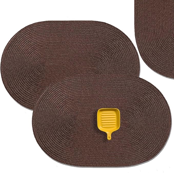 AHHFSMEI Placemats Set of 6 for Dining Table Washable Woven Non-Slip 18x12 inches Placemat Heat-Resistant Durable Table Mats for Dining Table Easy to Clean (Oval Brown, 6)