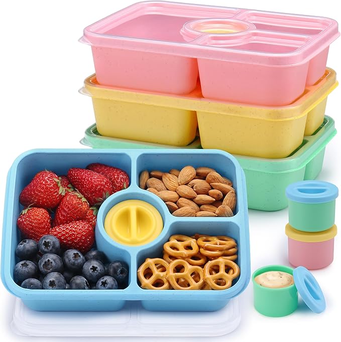 Bento Snack Box Containers, Meal Prep Container Reusable for Kids, Stackable Bento Box Adult 4 Pack, Divided Food Storage Containers with Clear Lids, Sauce Container, Light Colors