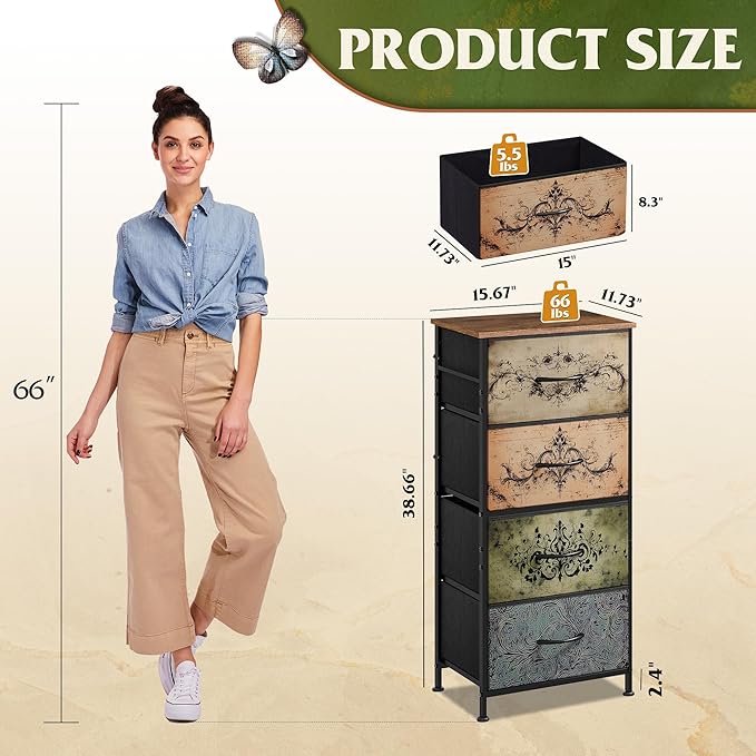 WLIVE Dresser with 4 Drawers, Storage Tower, Organizer Unit, Fabric Dresser for Bedroom, Hallway, Entryway, Closets, Sturdy Steel Frame, Wood Top, Easy Pull Handle, Pattern