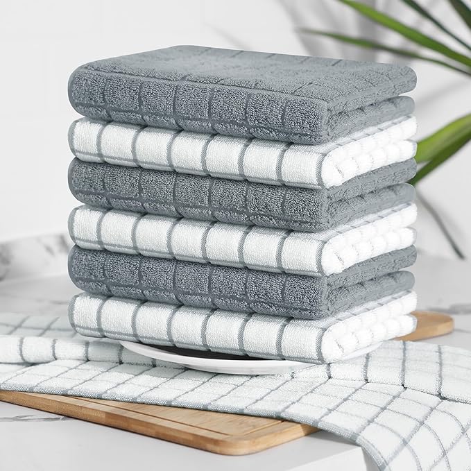 Homaxy Premium Cotton Kitchen Towels 16"x 28", Large Natural Ring Spun 390 GSM Dish Towels, Super Absorbent Terry Kitchen Hand Towels, Soft Tea Towels with Hanging Loop, Grey Check Design, 8 Pack