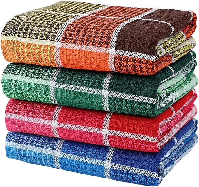 Bright Large Kitchen Towels, 4-Pack, 16 Inch x 26 Inch Buffalo Check Dish Towels for Washing Drying Dishes, Colorful Waffle Design Tea Towel Bar Towel, Buffalo