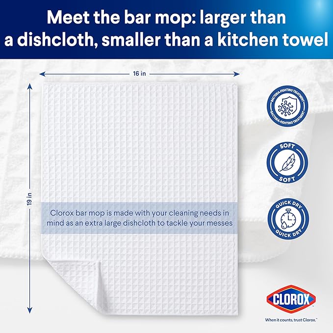 Clorox Waffle Bar Mops - Microfiber Quick Dry Extra Large Dishcloths - Absorbent Multipurpose Cleaning Cloths for Restaurants, Kitchen, Bathroom, Hotel - 16" x 19" - White 6 Pack
