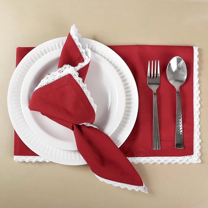 FINGERCRAFT Dinner Cloth Napkin Cotton Blend 12 Pack Vintage Rustic Premium Quality Mitered Corners Napkin Cloth with Elegant Lace for Everyday Use, Pre Shrunk and Good Absorbency 20x20 in Tango Red