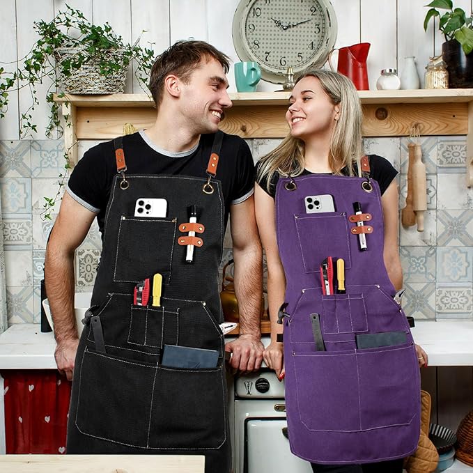 Work Apron for Men Women with 9 Pockets, Black Cross Back Chef Aprons 14oz Cotton Canvas, Tool Apron for Woodworkers Kitchen Cooking, Size M to XXL