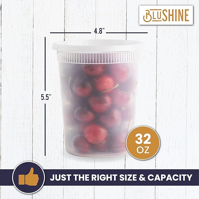 BluShine [24 Sets] 32 oz. Plastic Deli Food Storage Containers with Airtight Leak Proof Lids - Reusable - Microwave, Fridge, and Freezer Safe