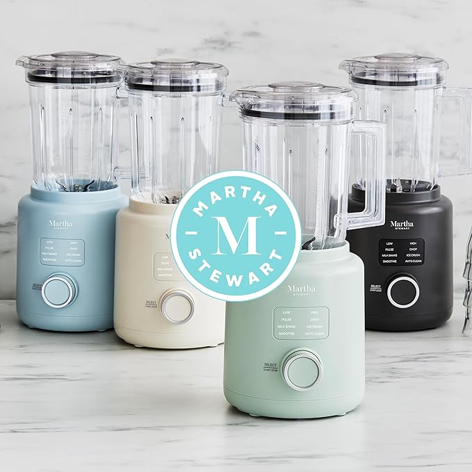 Martha Stewart Countertop Blender, 50oz Jar, 6 Stainless Steel Blades 3 Speeds & 5 Presets, Auto Clean, Smoothies, Crush Ice, Shakes, Chop, Margarita, Measurement Markings, 700W, Sky Blue