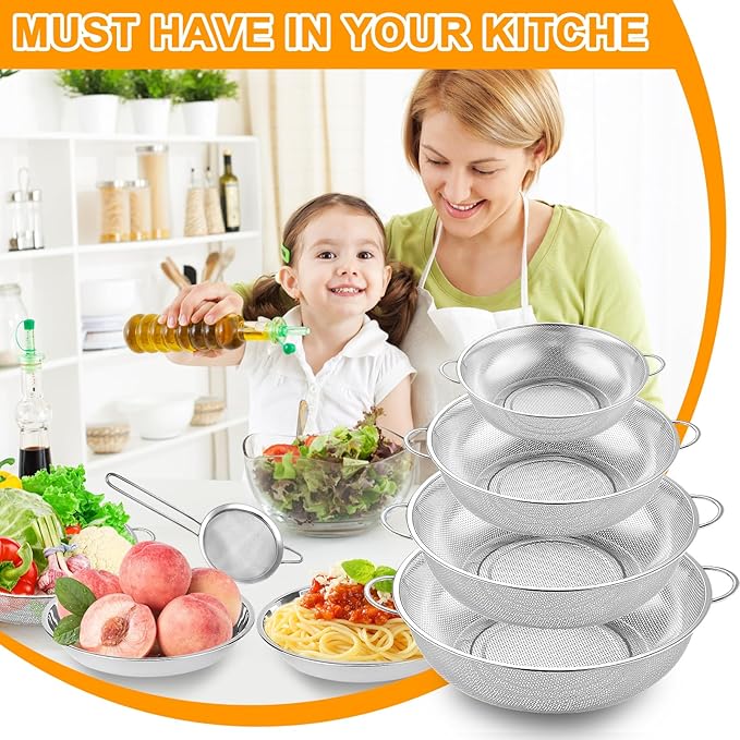 Colander Stainless Steel, 7 Piece Strainers and Colanders Set, Mesh Strainer Net Baskets with Handles, 2 Stainless Steel Plates and Fine Mesh Strainer for Kitchen Food Strain Drain Rinse Cooking