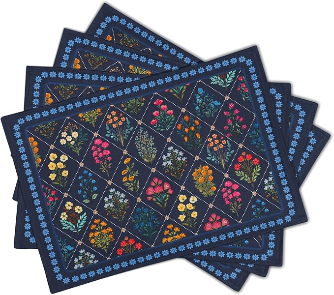 Dark Blue Flowers Placemat Set of 4 Wildflower Printed Place Mats for Women