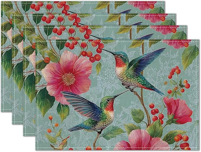 HOMETITUTE 12x18 Inch Placemats Set of 4 Linen Hummingbird Floral Spring Summer Washable Table Mats Place Mats Decorative Farmhouse Autumn Placemats Set Kitchen Dining Table Decor