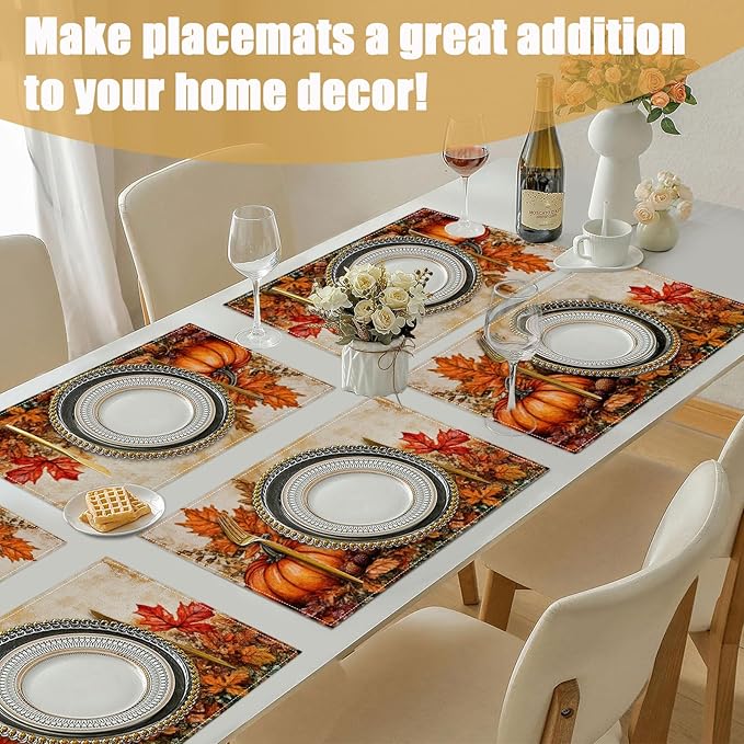 Fall Pumpkin Placemats Set of 6, Autum Mushroom Leaf Linen Place Mat Washable Stain Resistant Table Mats for Farmhouse Kitchen Dining Party Wedding Decor 12x18 Inch