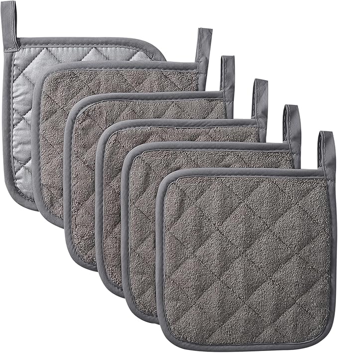 Kitchen Pot Holders Set Heat Resistant Pure Cotton Potholders Kit Trivets Large Coasters Hot Pads Terry Pot Holders for Everyday Cooking and Baking by 7 x 7 Inch Set of 6 Dark Grey