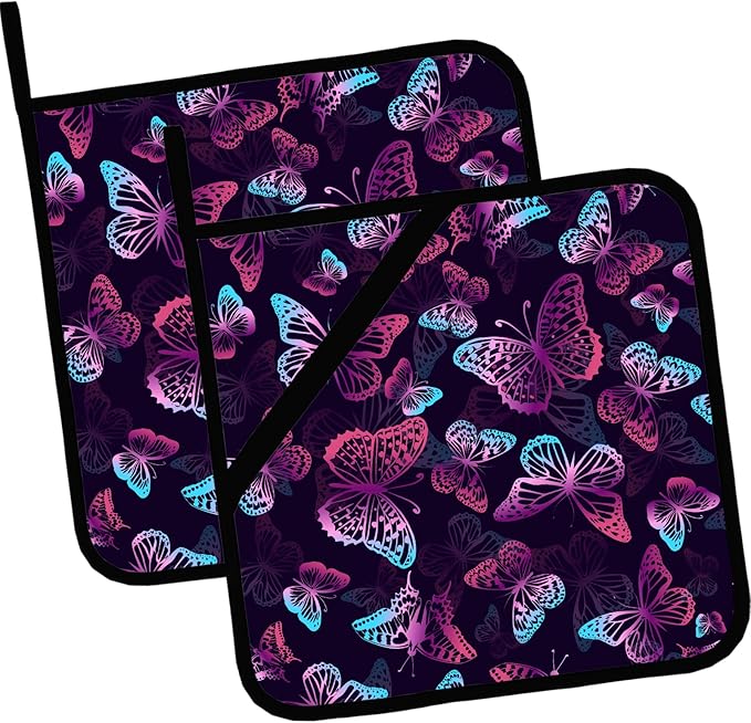 Purple Neon Butterfly Pot Holders 2 PCS,Kitchen Heat Resistant Hot Pads for Cooking Grilling Baking BBQ, Pot Holders for Women Cook Home Microwave