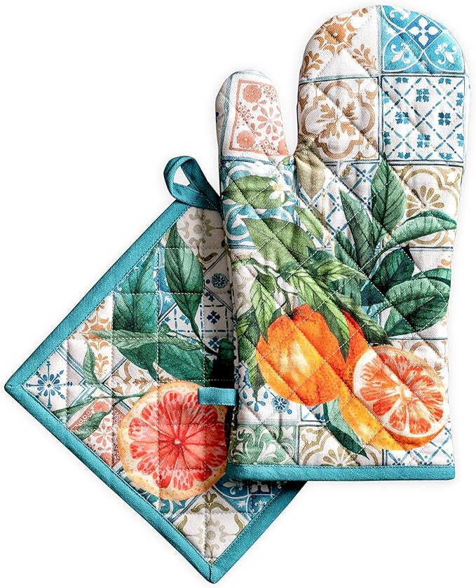 Maison d' Hermine 100% Cotton Oven Mitt & Pot Holder Set (7.5"x13" & 8"x8") Heat Resistant BBQ Cooking Gloves with Loop Baking Grilling Kitchen Gifts for Mothers Day Spring/Summer (Agrume)