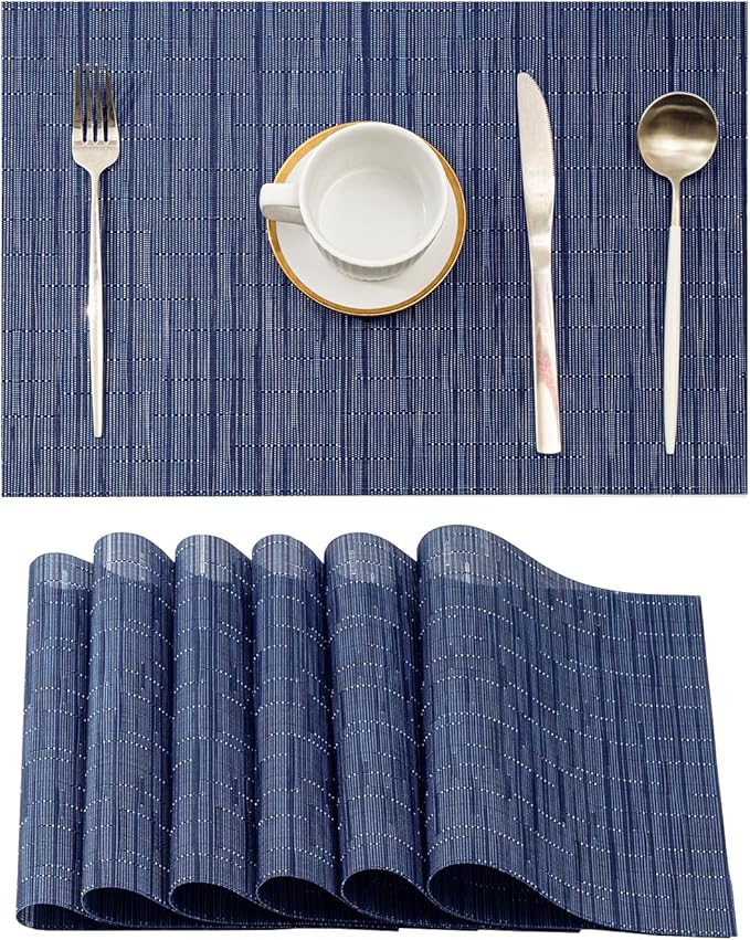 Leetaltree Blue Placemats Set of 6 - Heat Resistant Non-Slip Place mats for Dining Table, Washable Durable PVC Vinyl Woven Table Mats（Blue, 6）