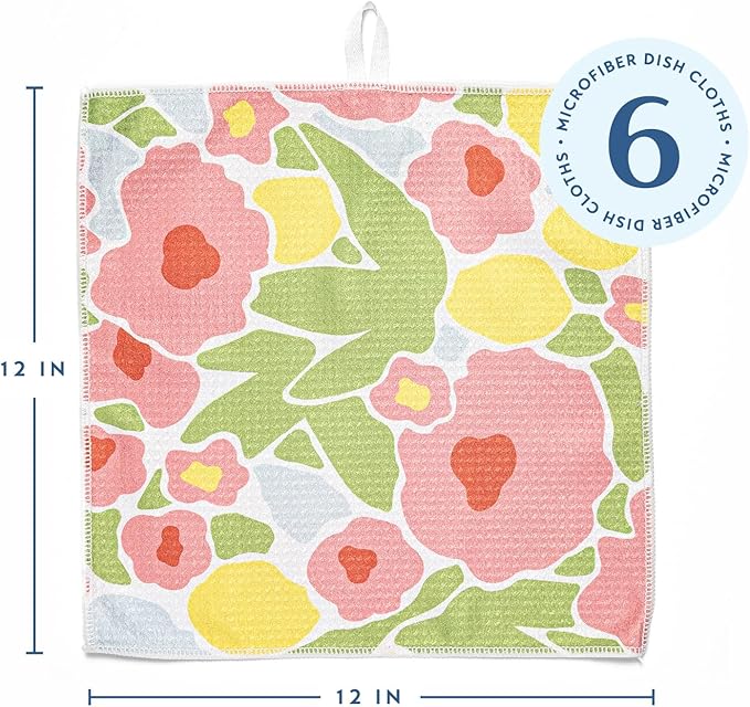 ELYN Microfiber Kitchen Dish Cloth Set, Quick-Dry & Absorbent Waffle Weave Cleaning Towels, Set of 6 Wash Cloths, Paper Towels & Sponge Alternative (Bold Floral & Geo)