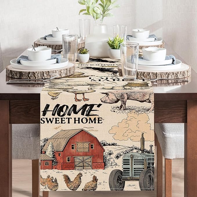 Farm Animals Dining Table Runner, Farmhouse Country Cow Lamb Pig Chicken Duck Barn Tractor Burlap Kitchen Decoration, Farmer Market Indoor Outdoor Sweet Home Decor Party Supply 13 x 108 Inches