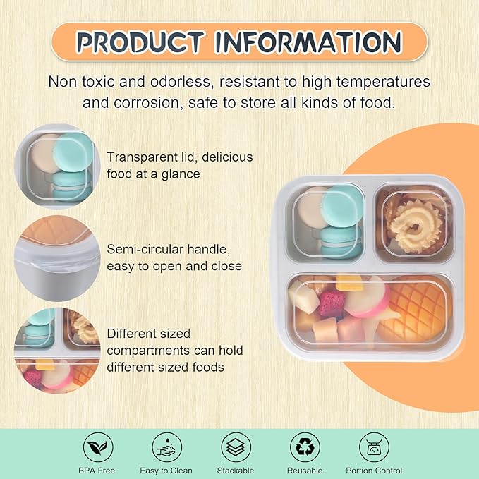 Honeydak 5 Pack Snack Containers 3 Compartment Bento Snack Boxes Divided Meal Prep Containers with Lids Reusable Adults Lunch Food Storage Box for School Work Travel(Black and White Ombre)