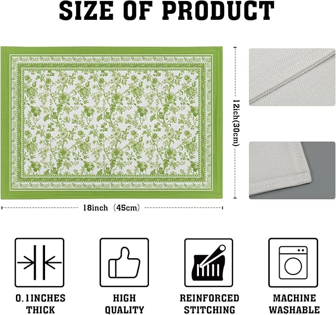 Green Floral Placemats Set of 4 Chinoiserie Boho Flowers Linen Fabric Rectangle Table Mat 12x18 Inch Washable Heat Resistant Outdoor Seasonal for Kitchen and Dining Table Decor