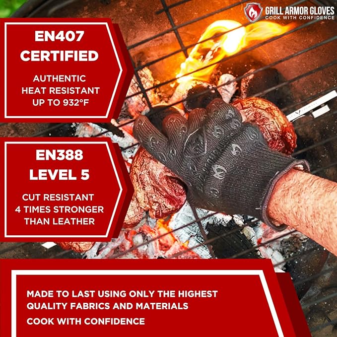 Grill Armor Oven Gloves with Fingers – 932°F Heat, Fire & Cut Resistant Mitts for BBQ, Grill, Cooking, Grilling, Baking, Smoker & Fire Pit
