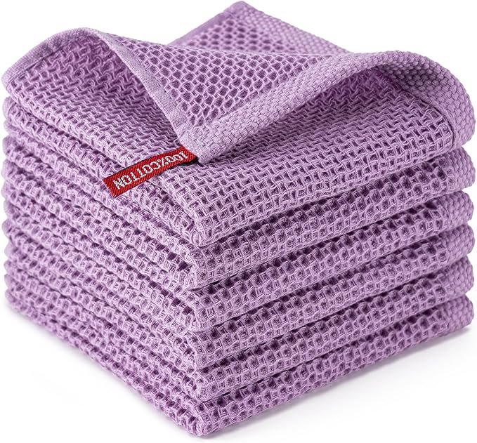 BOOMIBOO 6-Pack Kitchen Dish Cloths, 100% Cotton Waffle Weave, Ultra Soft Absorbent, Quick Drying Dish Towels, 12x12 Inches,Lavender