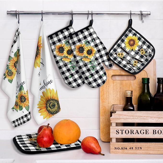Bencailor 6 Pcs Spring Kitchen Decor Sunflower Pot Holders and Oven Mitts Sets Yellow Kitchen Towel 2 Farmhouse Cooking Mittens for Cooking Grilling Supply Accessories(Yellow,Sunflower)
