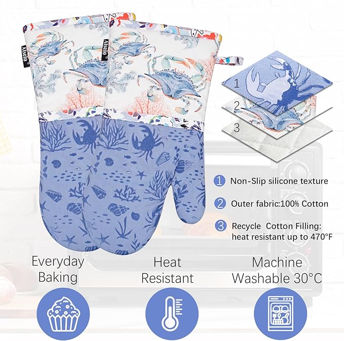 Alselo Oven Mitts, Heat Resistant with Soft Quilted Cotton Lining Set of 2, Fashion Crab Design with Silicone Printing Anti-Slip Kitchen Gloves for Safe Backing Cooking Barbecue (Lilac,Crab)
