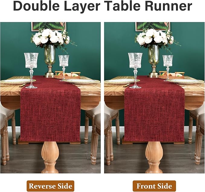 Farmhouse Rustic Faux Linen Table Runner Neutral Burgundy Table Runners Double Layer Reversible Rectangle Runners for Daily Use Kitchen Dining Banquet Holiday 13x48 Inch