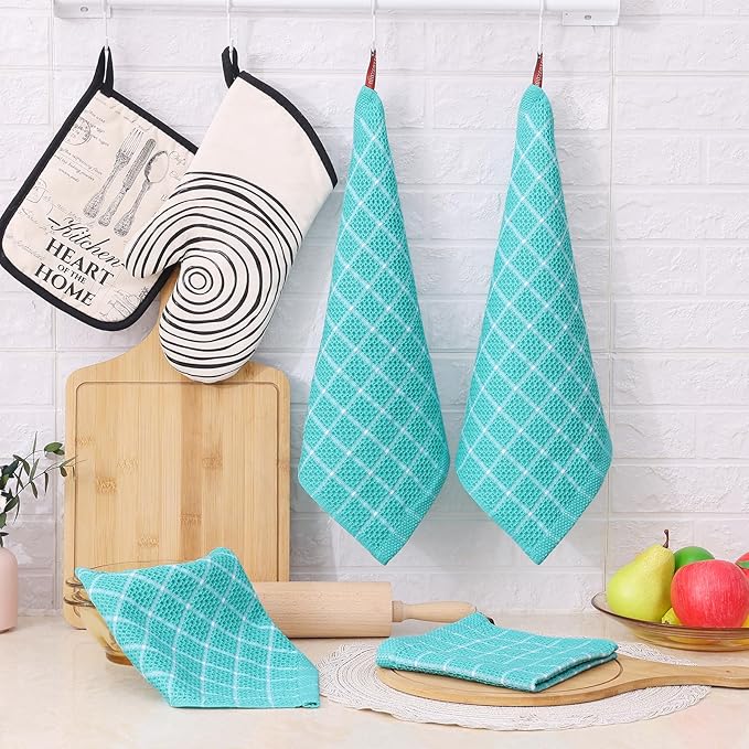Homaxy 100% Cotton Dish Cloths, 6 Pack-12 X 12 Inches, Check Design Waffle Weave Dish Rags for Washing Dishes, Ultra Absorbent and Fast Drying Dishcloths, Aqua