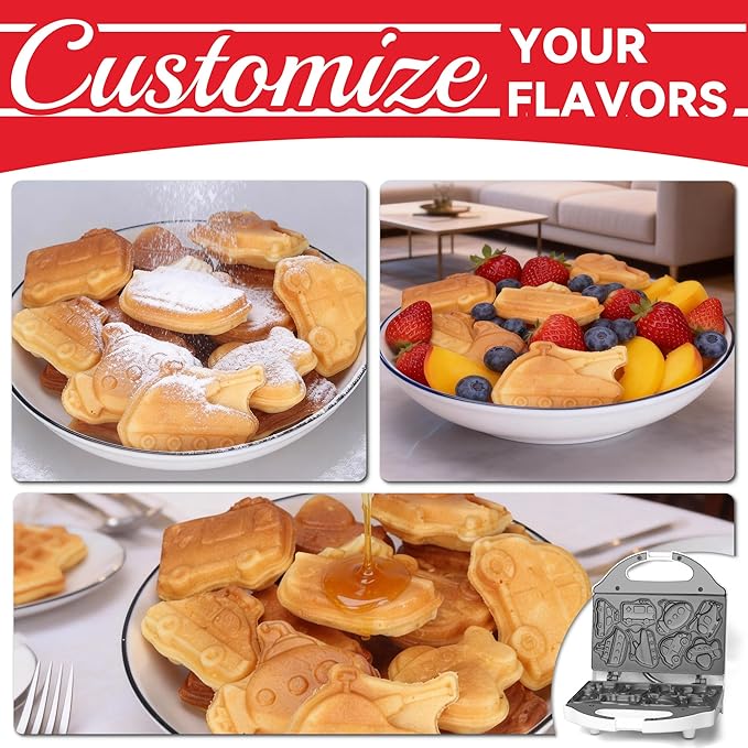 SugarWhisk Car Waffle Maker for Kids, Halloween & Christmas Mini Waffle Maker, 8 Fun Vehicle Shaped Mini Pancake Maker, Non Stick Surface, Excellent Gift, White