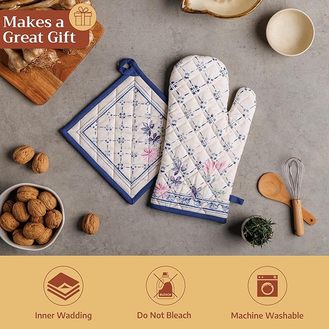 Maison d'Hermine Oven Gloves 100% Cotton Oven Mitt 7" x 13" with Loop Heat Resistant BBQ Cooking Gloves Baking Grilling Gifts for Mothers Day Spring/Summer (Pack of 1, Faience)