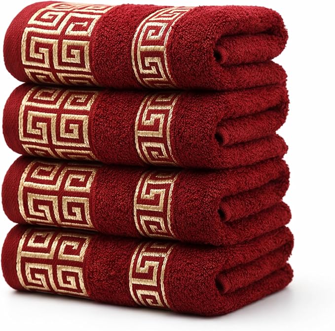 4 Piece WashCloth Set with Greek Key Design - 100% Cotton Soft & Absorbent Bathroom 12x19 in Small Towels - Soft Face Towels, Quick Dry Burgundy Wash Cloth for Spa, Hotel & Home Use CC3