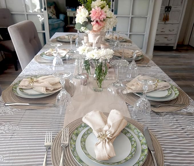 Homidate Cloth Dinner Napkins Linen Flax Cotton 18x18 Set of 12 – Natural with Lace & Mitered Corners – Machine Washable Reusable Fabric Napkins for Weddings, Parties & Table Decorations