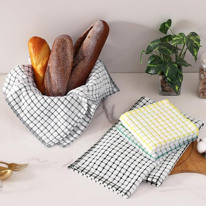 Homaxy Kitchen Towels and Dishcloths Set, 16 x 25 and 12 x 12 Inches, Set of 8 Cotton Terry Kitchen Dish Towels, Super Soft and Absorbent Dish Cloths, Black/Grey/Yellow/Green
