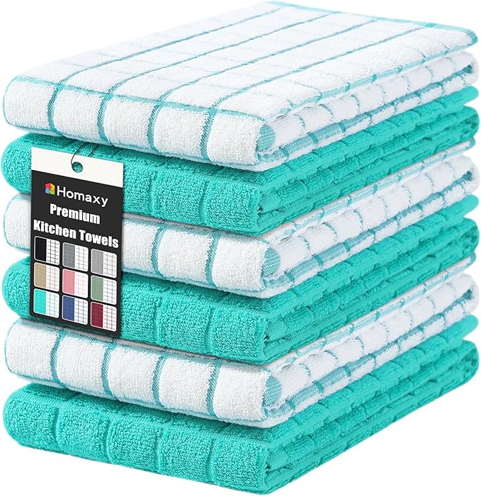 Homaxy Premium Cotton Kitchen Towels 16"x 28", Large Natural Ring Spun 390 GSM Dish Towels, Super Absorbent Terry Kitchen Hand Towels, Soft Tea Towels with Hanging Loop, Aqua Check Design, 6 Pack