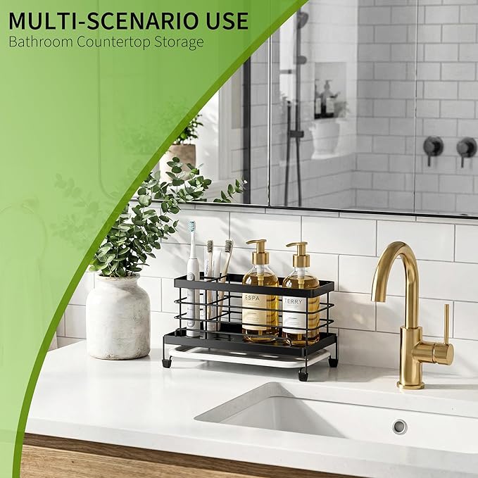 Cisily Large Black Sponge Holder for Kitchen, Sink Caddy Sink Organizer Rack for Kitchen Accessories with Drip Tray, Rustproof and Non-slip, Soap Dispenser Countertop Organizer Essentials for New Home
