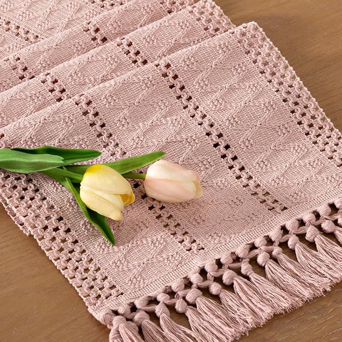 Socomi Boho Table Runner Easter Spring Farmhouse Rustic Dining Kitchen Centerpiece Decor Long Macrame Woven Cotton Linen Coffee Table Runner for Dresser Scarf Home Decor 12x90 in Pink