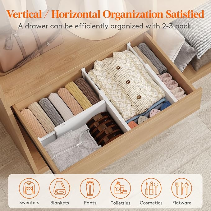Lifewit 6 Pack 6" High Drawer Dividers 34-56cm/13.5-22" Adjustable Drawer Organizer for Clothes/Utensils, Expandable Drawer Separator in Dresser/Kitchen/Bedroom/Office Organization & Storage White