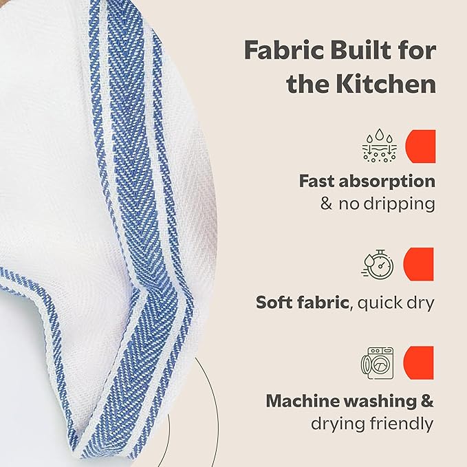 Zeppoli Classic Kitchen Towels - 45 Pack 100% Natural Cotton Towel Set, Reusable Wash Cloths, Absorbent Dish Towels, Machine Washable Hand Towels, Kitchen Essentials -14” by 25”, Blue Striped