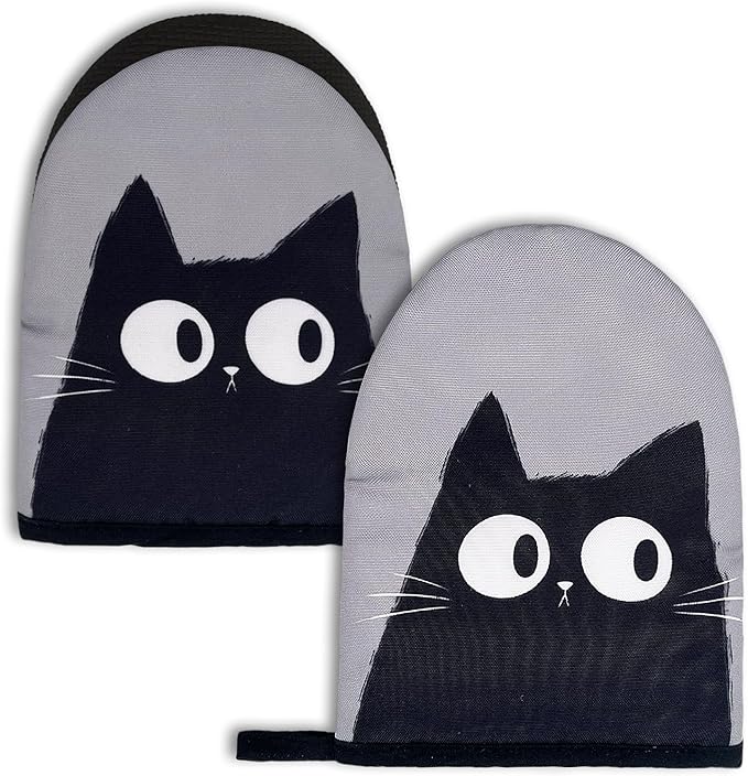 Black Cat Mini Silicone Oven Mitts 2-Pack Set, Heat Slip Resistant Kitchen Gloves, Soft Short Oven Mittens for Safe Cooking Baking Grilling