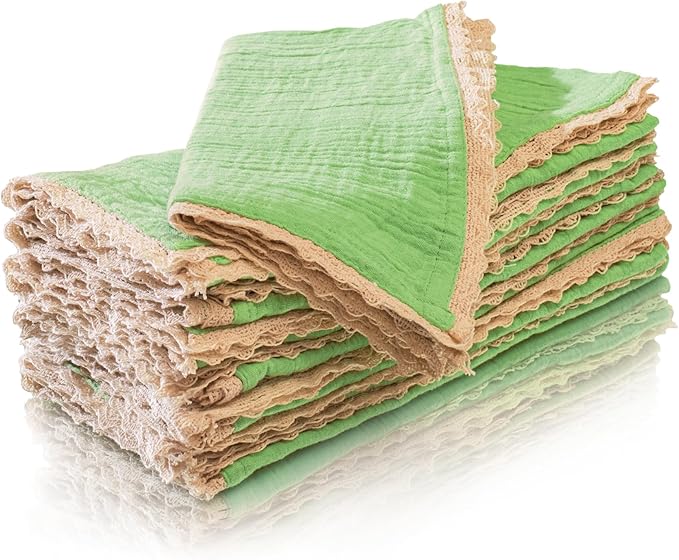 Fingercraft Dinner Cloth Napkin Cotton Muslin Double Gauze 8 Pack with Classic Lace for Everyday Use, Wedding, Party, Christmas, Easter Napkins Cloth are Pre Shrunk and Good Absorbency Lettuce Green