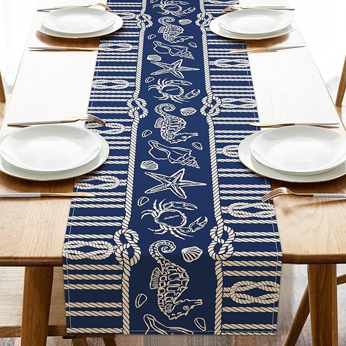 Navy Blue Nautical Dining Table Runner, Coastal Beach Ropes Starfish Crab Seahorse Conch Shell Burlap Kitchen Decoration, Ocean Marine Life Indoor Outdoor Home Decor Party Supply 13 x 90 Inches