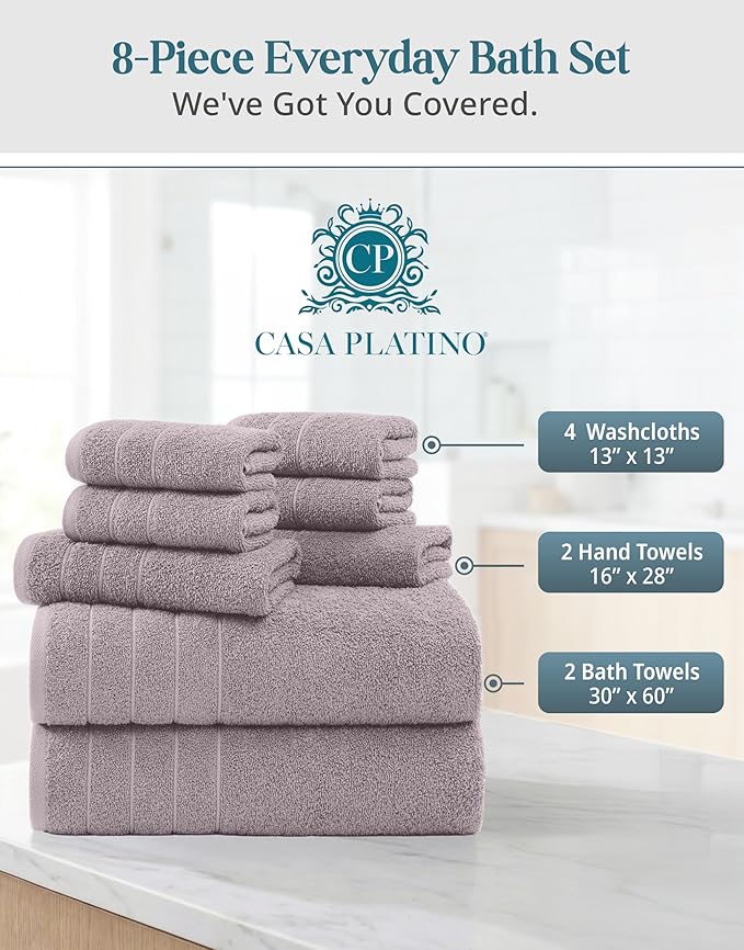 CASA PLATINO 100% Cotton Bath Towel Set 8 Pcs - Soft, Absorbent & Pre Shrunk - 2 Bath, 4 Washcloths, 2 Hand Towels for Bathroom - Machine Washable, OEKO TEX Certified & Sustainably Produced - Platinum