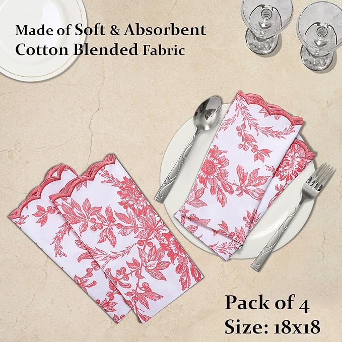 Ridhi Hand Block Print Peach Coral 18" x 18" (Set of 4) Embroidery Table Napkins Reusable Cotton Dinner Napkins for Weddings, Parties, Everyday Dining Gift for Spring, Easter, Valentine