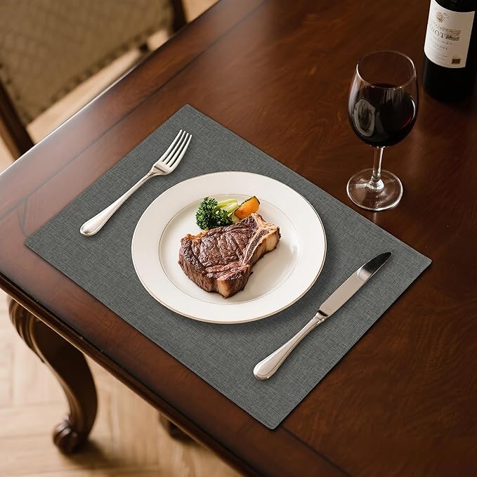 Linen Cloth Double Layers Placemats, Cotton Woven Placemats Set of 6, Kitchen Table Farmhouse Decor Heat Resistant Table Mats, Outdoor Indoor Square Fabric Place Mats Can be Washable (Dark Gray)